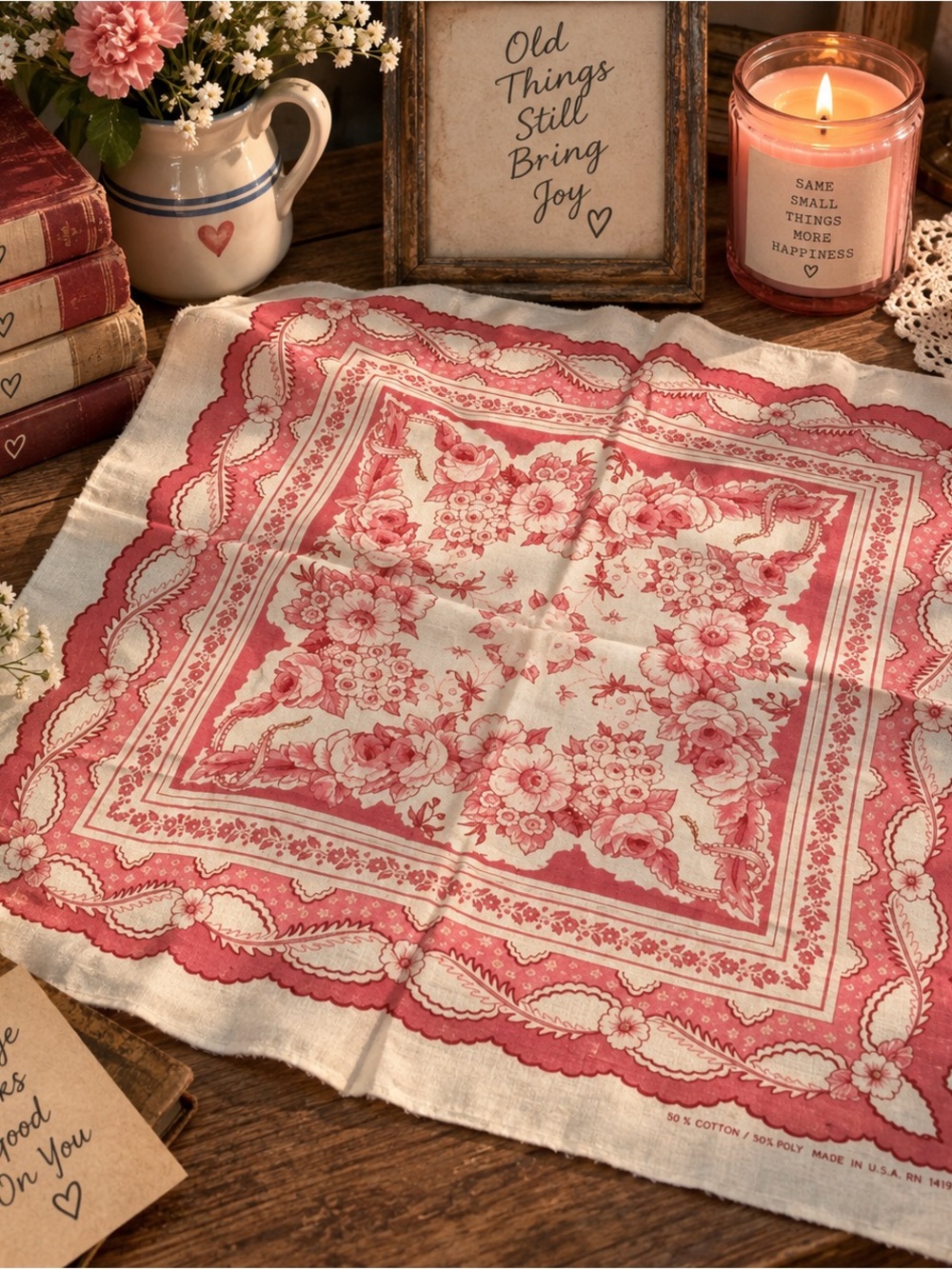 Vintage 1980s Wamcraft Pink Rose Floral Scalloped Bandana Scarf RN 14193